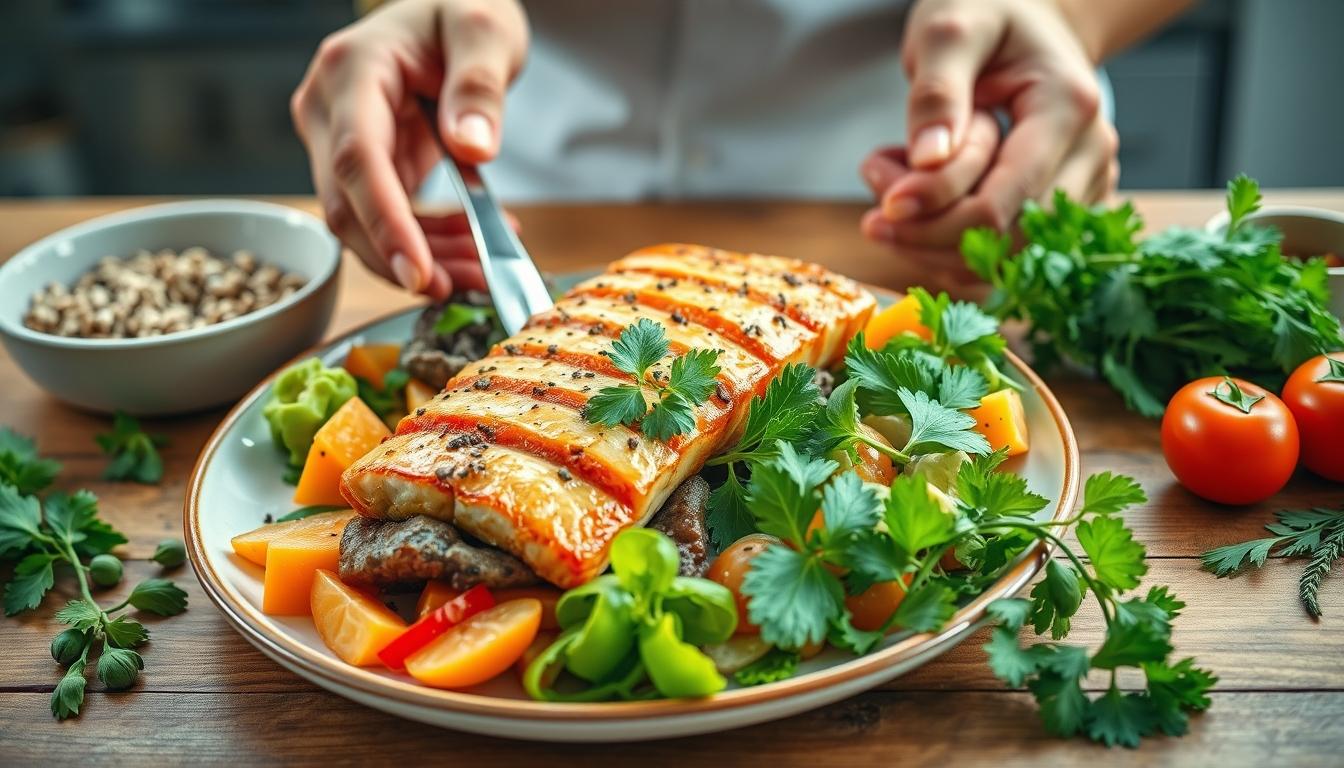Balanced healthy meal prepared in a home kitchen